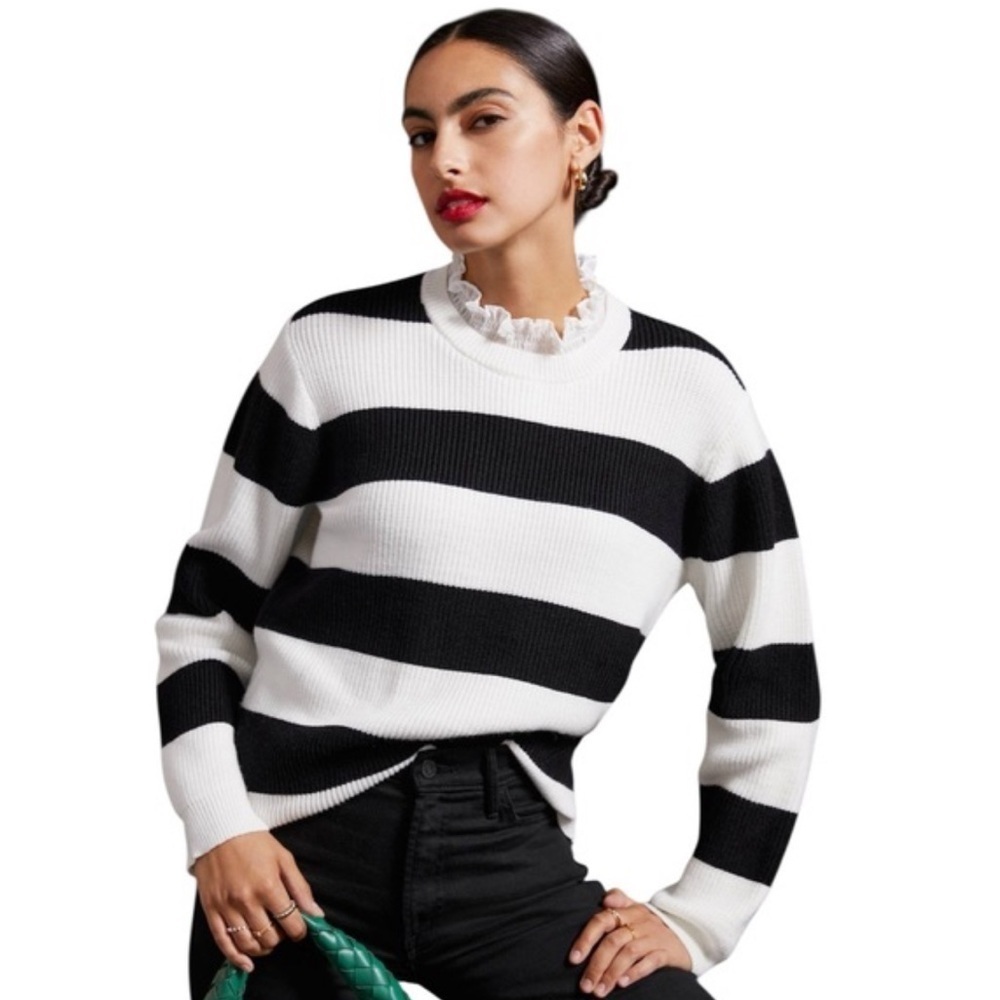 Anthropologie | Black White Striped Ruffle Collar Sweater Contemporary Coquette